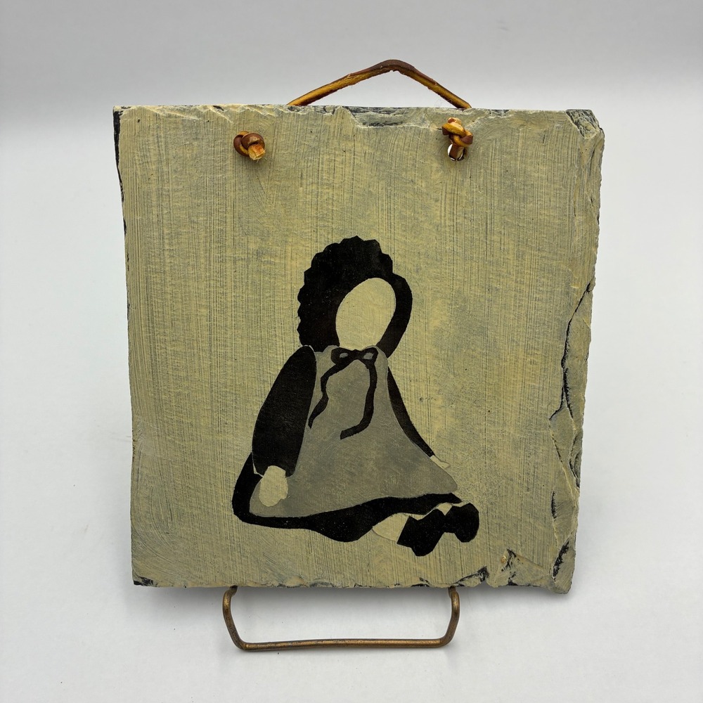 Vintage Primitive Hand Painted Slate Wall Art Amish Girl Silhouette Farmhouse